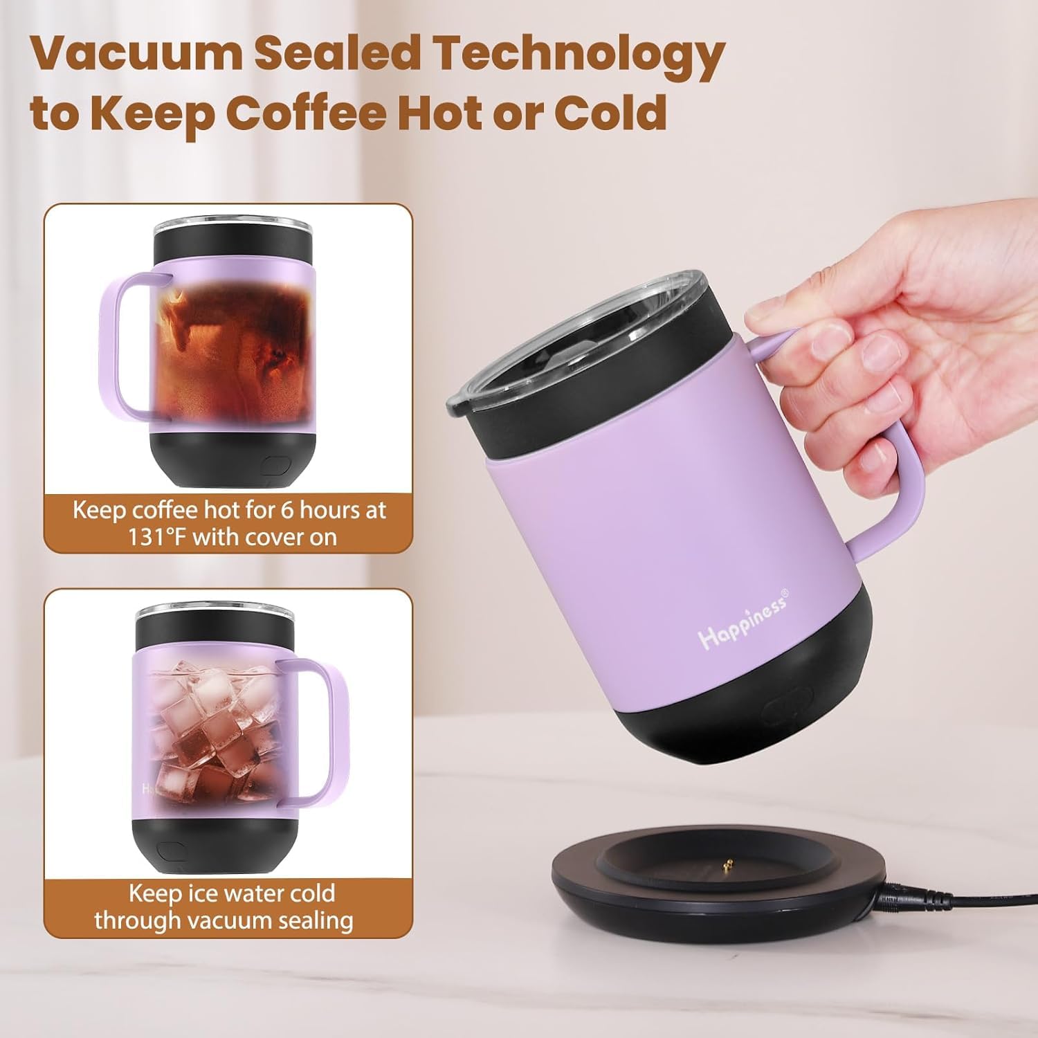 Happiness mug double-wall insulation preserves heat and stays cool to touch.