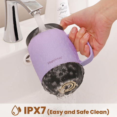 Happiness mug IPX7 rating supports safe cleaning and water exposure.