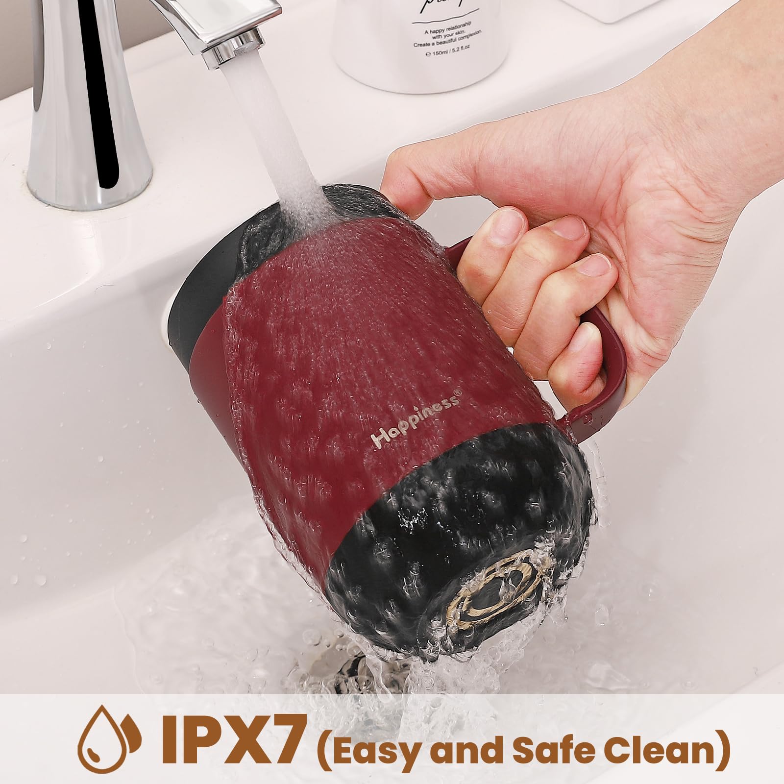 Happiness mug highlighting IPX7 waterproof and rugged coating
