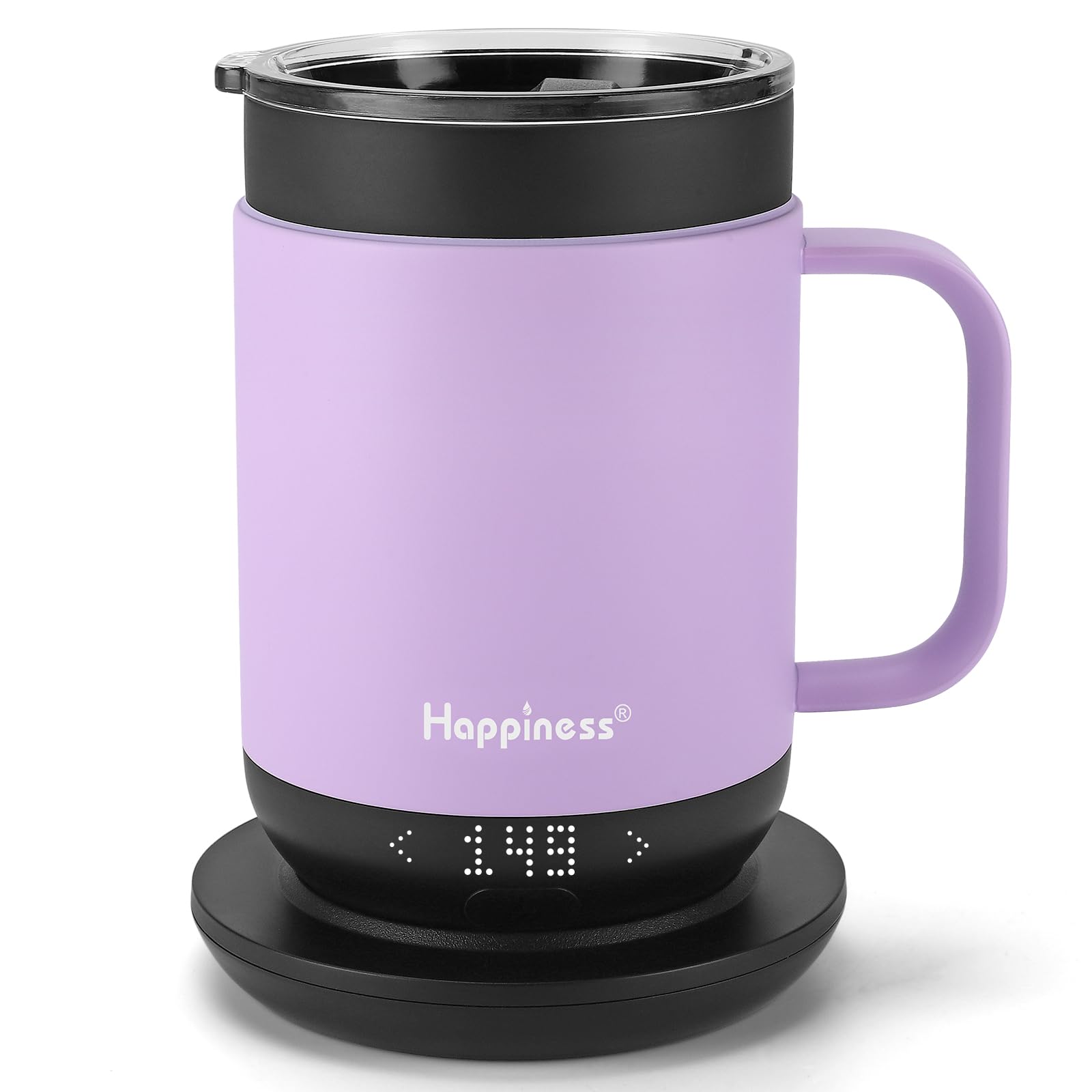 Happiness mug with lid on keeps drink hot during travel.