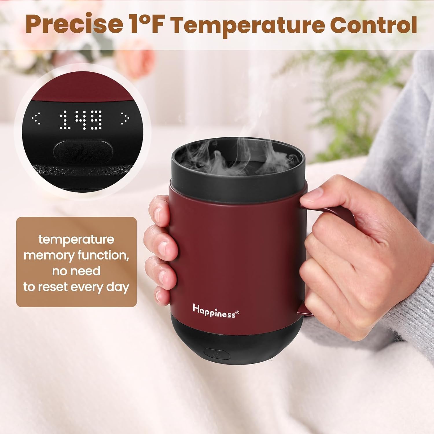 Happiness mug shows precise temperature display for control