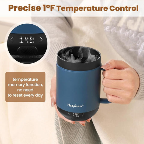 Happiness Smart Heated Mug on charging coaster demonstrates convenient recharge.