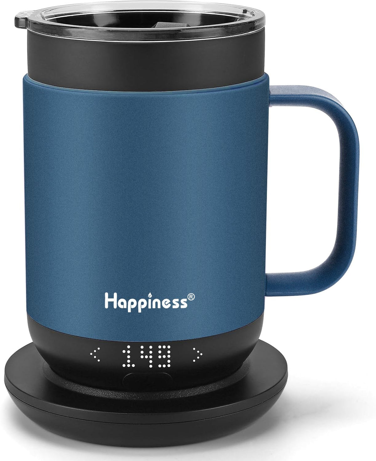 Happiness Smart Heated Mug on a desk keeps coffee warm for longer.