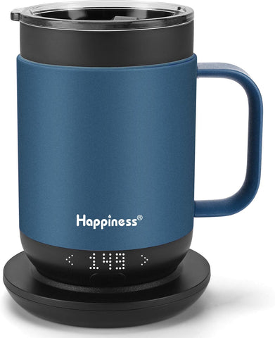 Happiness Smart Heated Mug on a desk keeps coffee warm for longer.