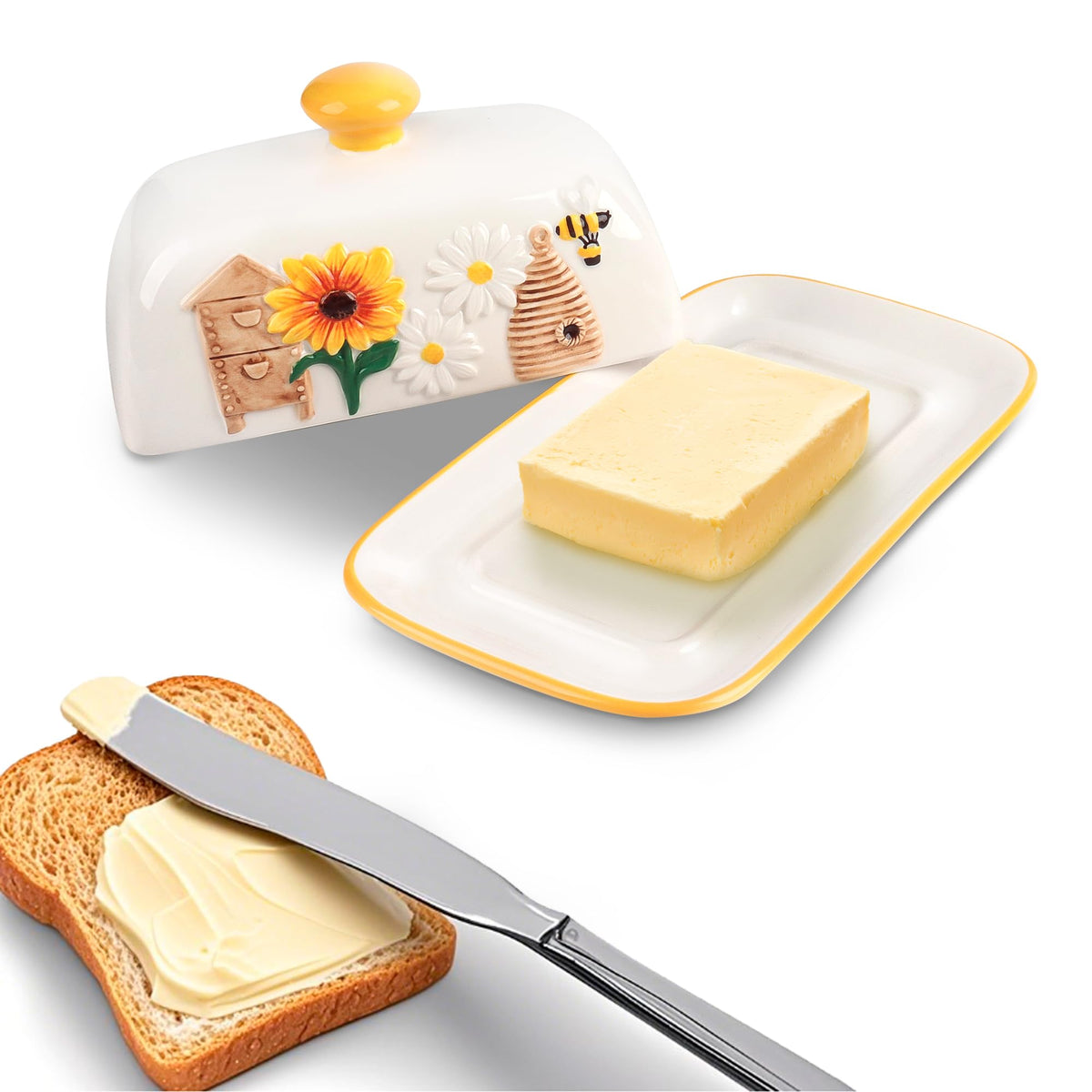 Happy Will butter dish with lid showing three-dimensional relief for an elegant breakfast display