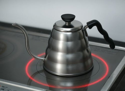 Hario Buono stainless steel kettle with ergonomic handle.