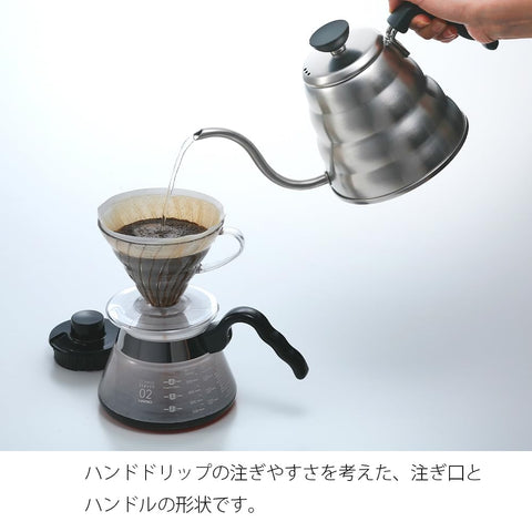 Hario Buono kettle demonstrates slow, controlled pour for uniform extraction.
