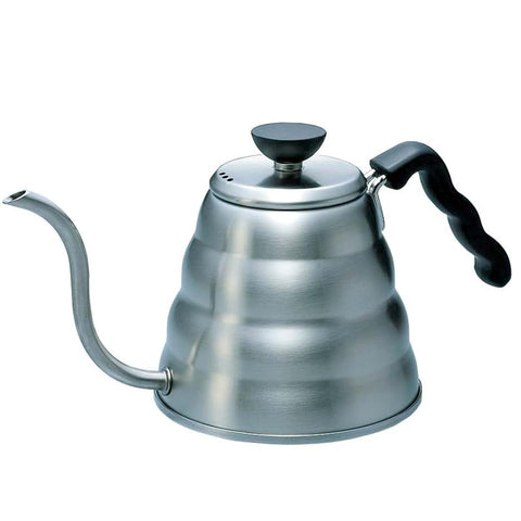 Hario Buono kettle on stove with gooseneck spout for precise pour-over.