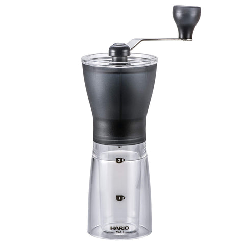 Hario Ceramic Coffee Mill Original Black front view highlights slim storage-friendly silhouette.