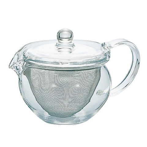 Hario ChaCha Maru teapot top view shows clear heatproof glass for precise brewing.