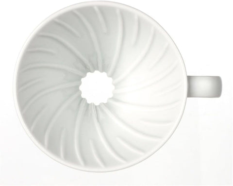 Hario V60 ceramic coffee dripper 01 white side view emphasizes ergonomic pour and heat retention