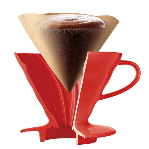 Close-up of the cone design on the red Hario V60 for balanced flow