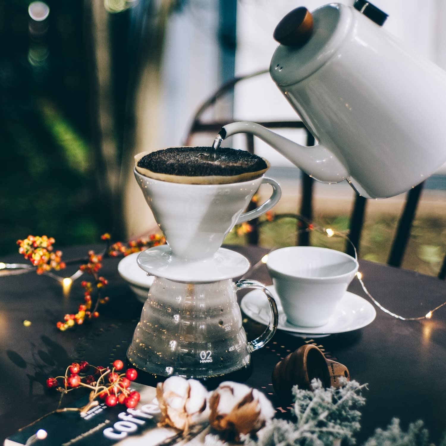 Hario V60 coffee serving setup ready to pour.