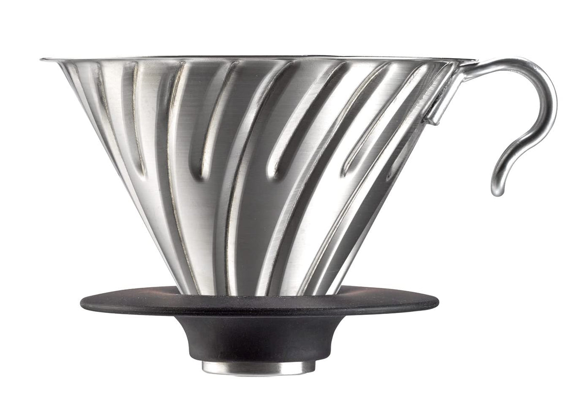 Hario V60 metal dripper close-up showing cone design for even extraction