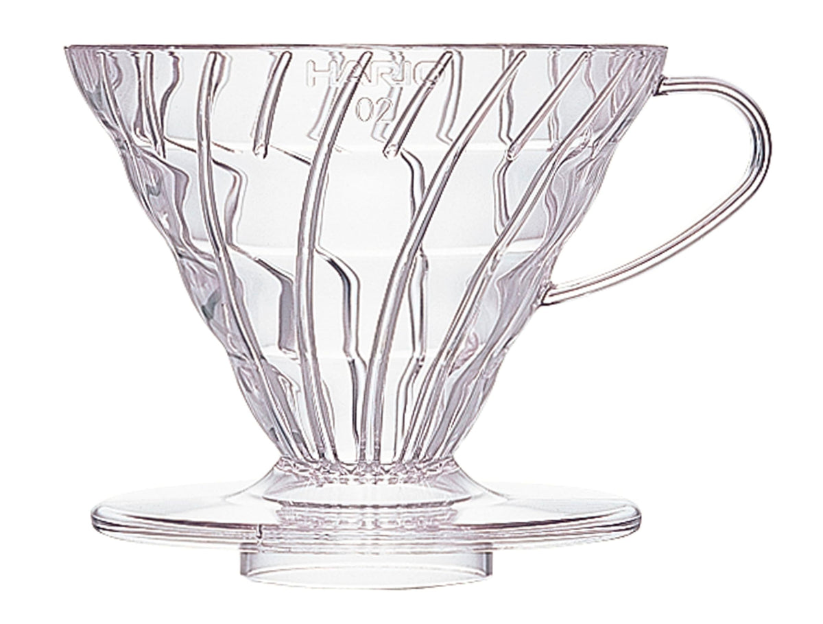 Hario V60 plastic dripper 02 in clear design for visible brew.