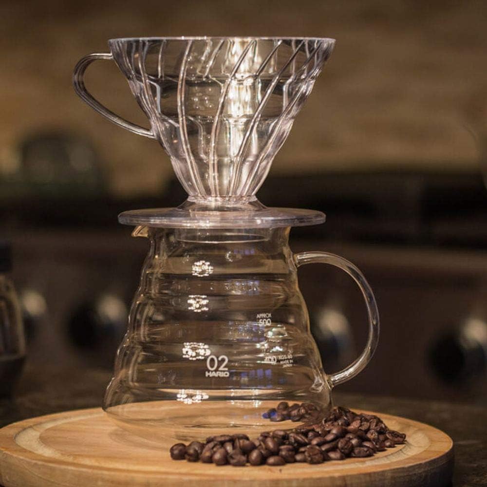 Hario V60 plastic dripper 02 spiral ribs maximize coffee expansion.