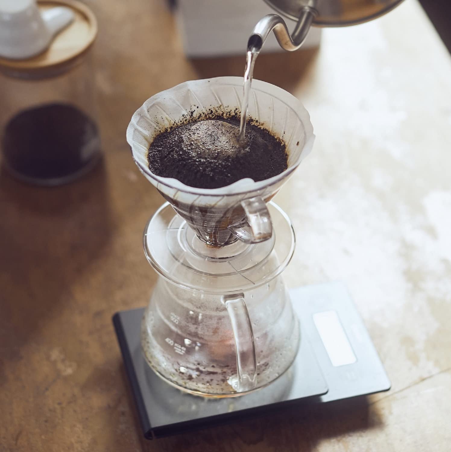 Hario V60 component close-up showing durable AS resin body and cone filter compatibility
