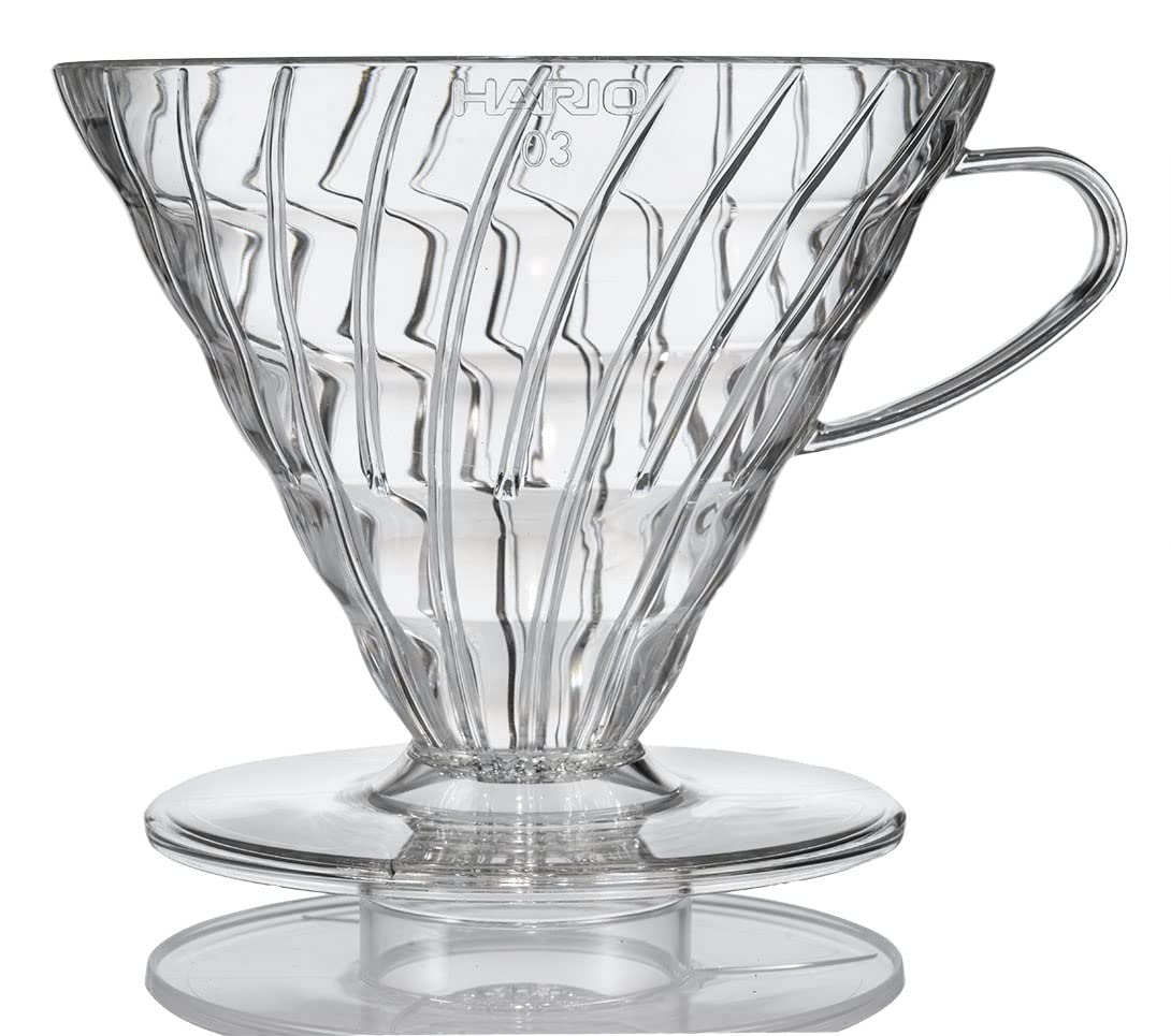 Hario V60 plastic dripper size 03 clear, front view for portable pour-over brewing