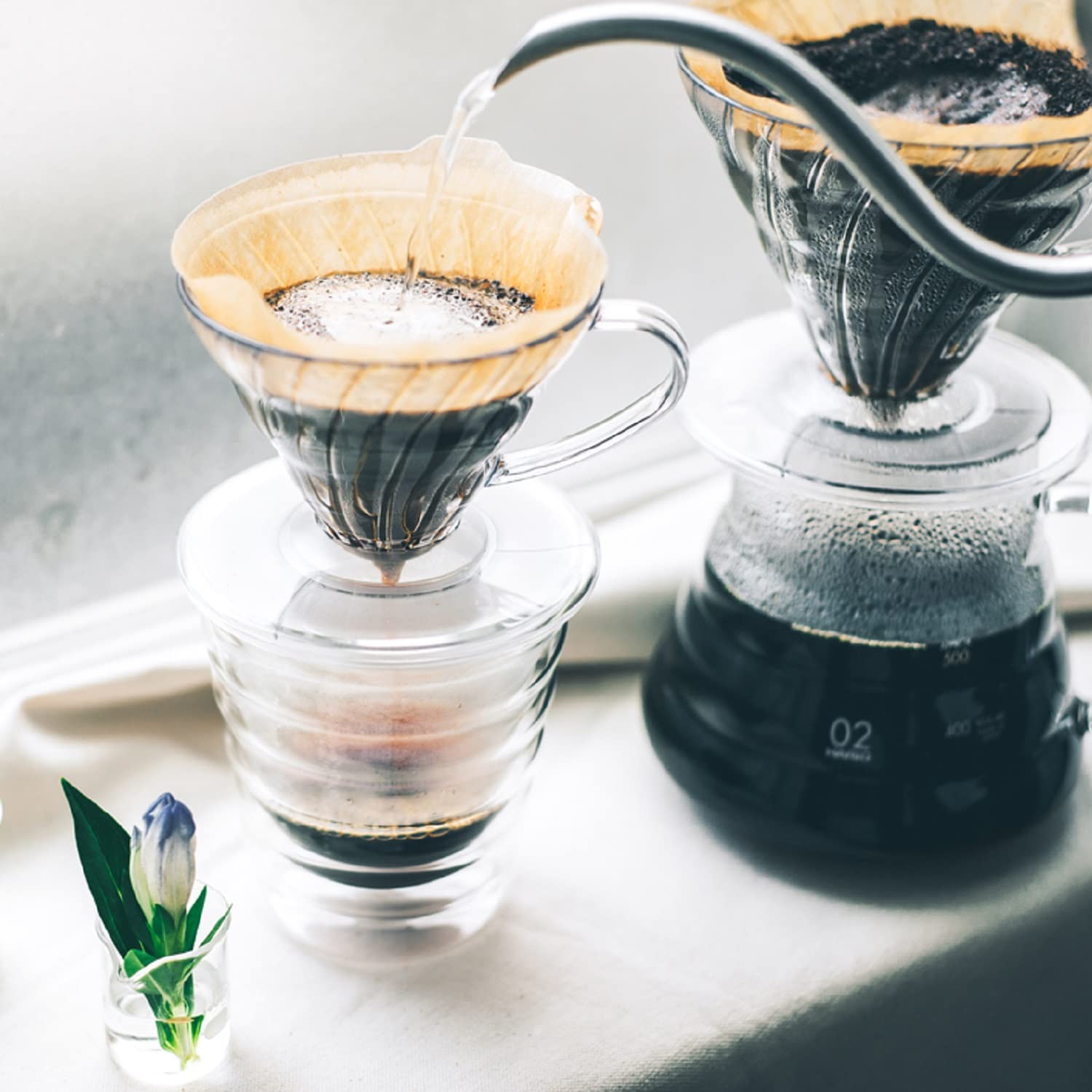 Hario V60 clear dripper next to a cup ideal for travel-friendly coffee rituals