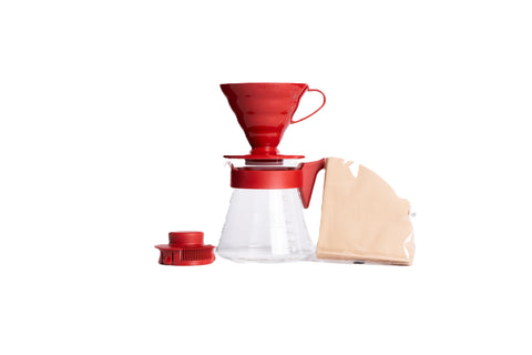 Hario V60 Starter Set size 02 red dripper for precise pour control.