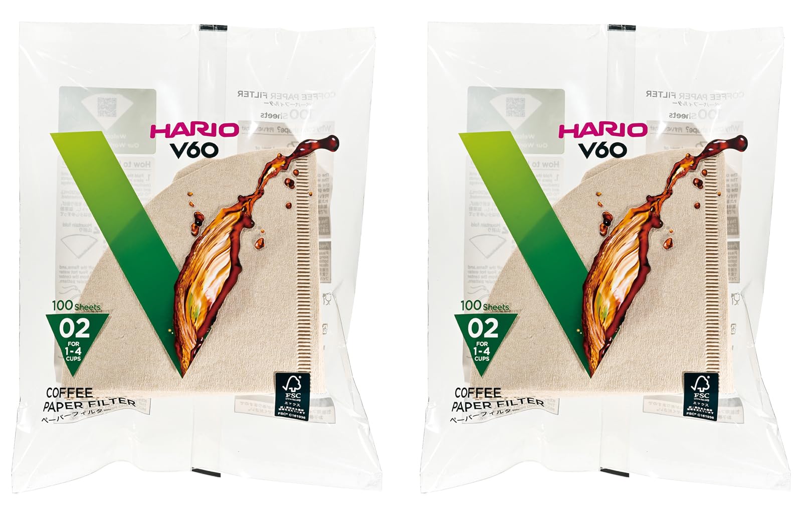 HARIO VCF-02-100M paper filters in packaging for V60, ideal for 1–4 cups
