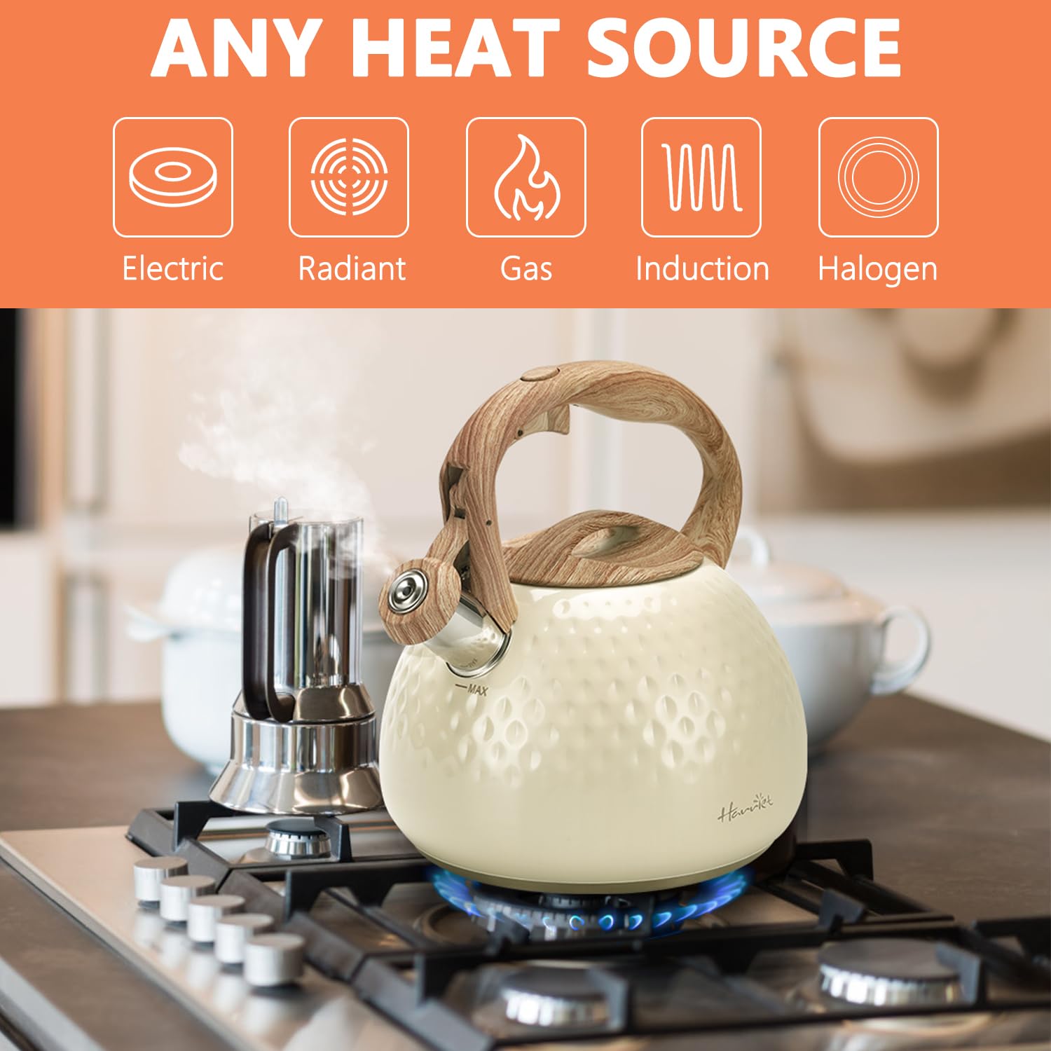 Harriet tea kettle 5-layer bottom delivers even heat for fast boils.