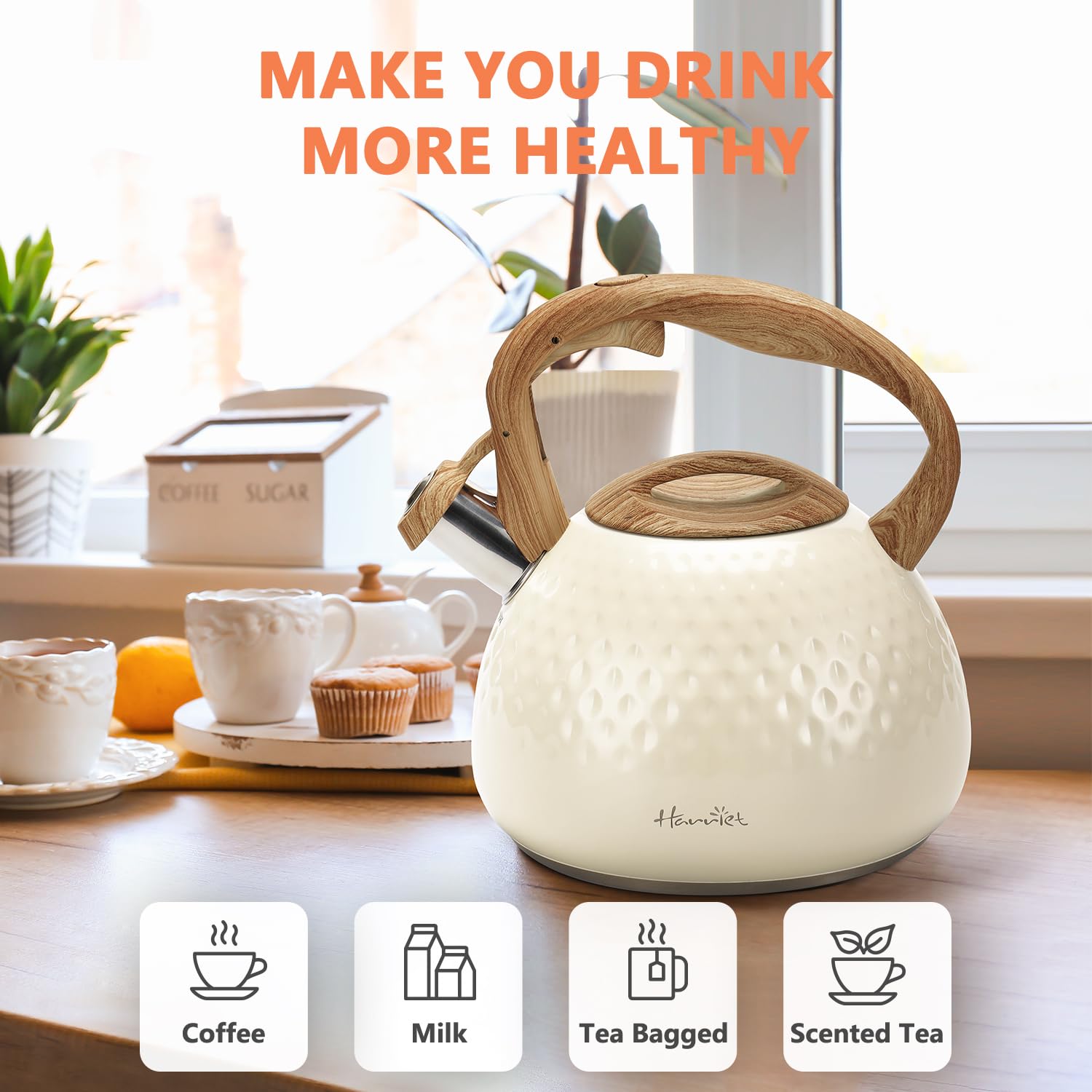Harriet tea kettle automatic whistle signals boiling readiness clearly.