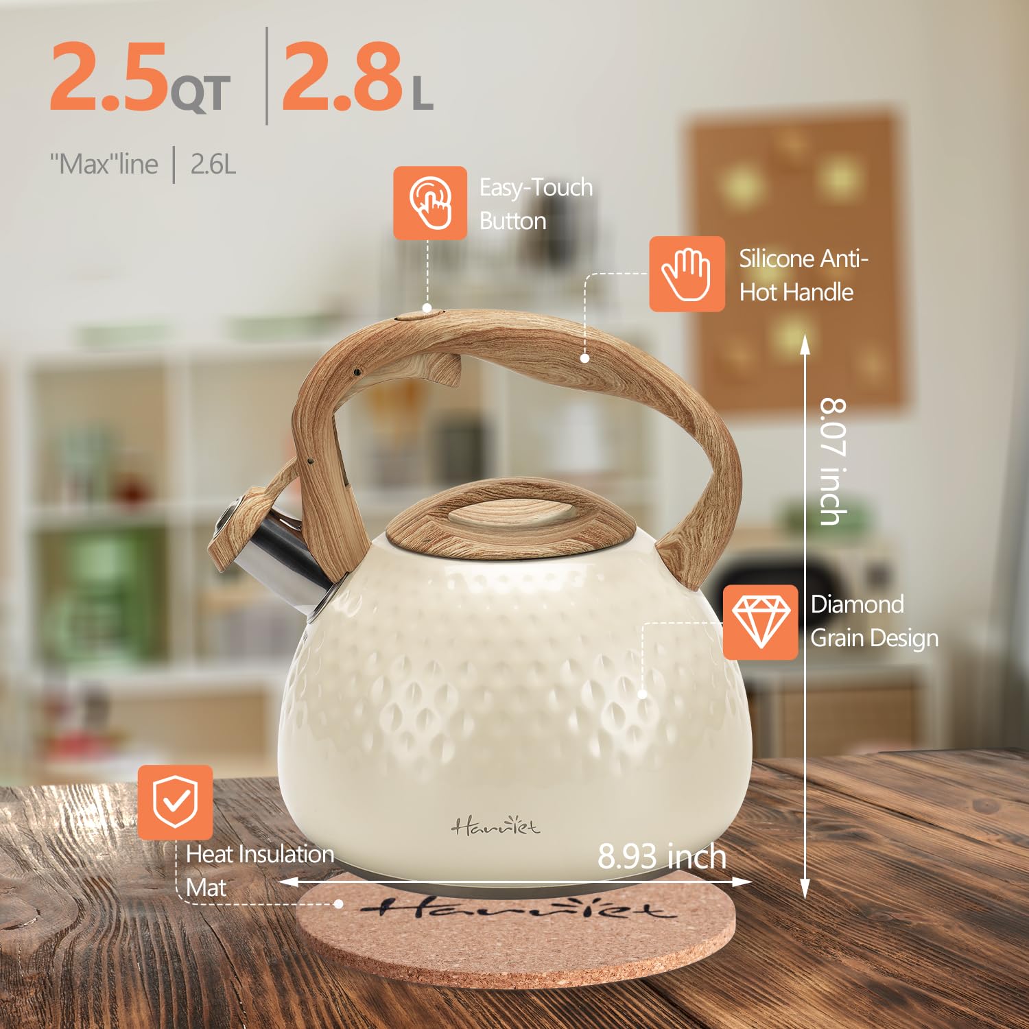 Harriet tea kettle hot-resistant handle for safe lifting and serving.