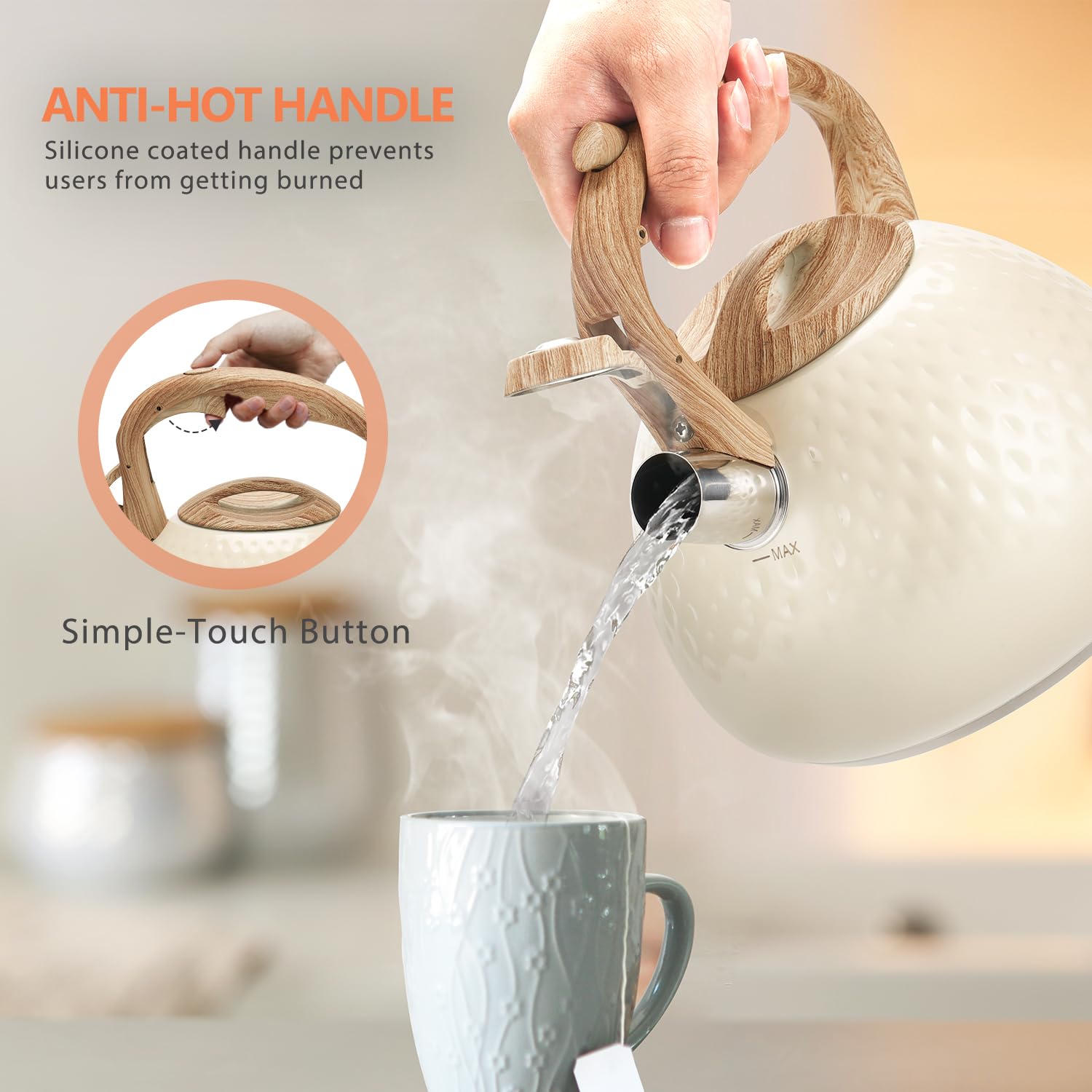 Harriet tea kettle spout button provides easy, safe opening and pouring.