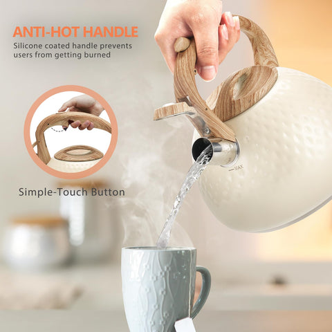 Harriet tea kettle spout button provides easy, safe opening and pouring.