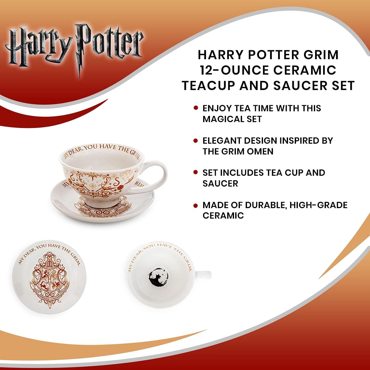 Gift-ready Harry Potter Grim teacup and saucer set for fans.