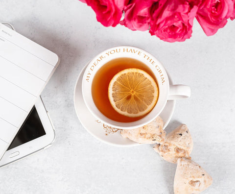 Warm-toned product shot of Harry Potter Grim teacup set, perfect for cozy tea moments.