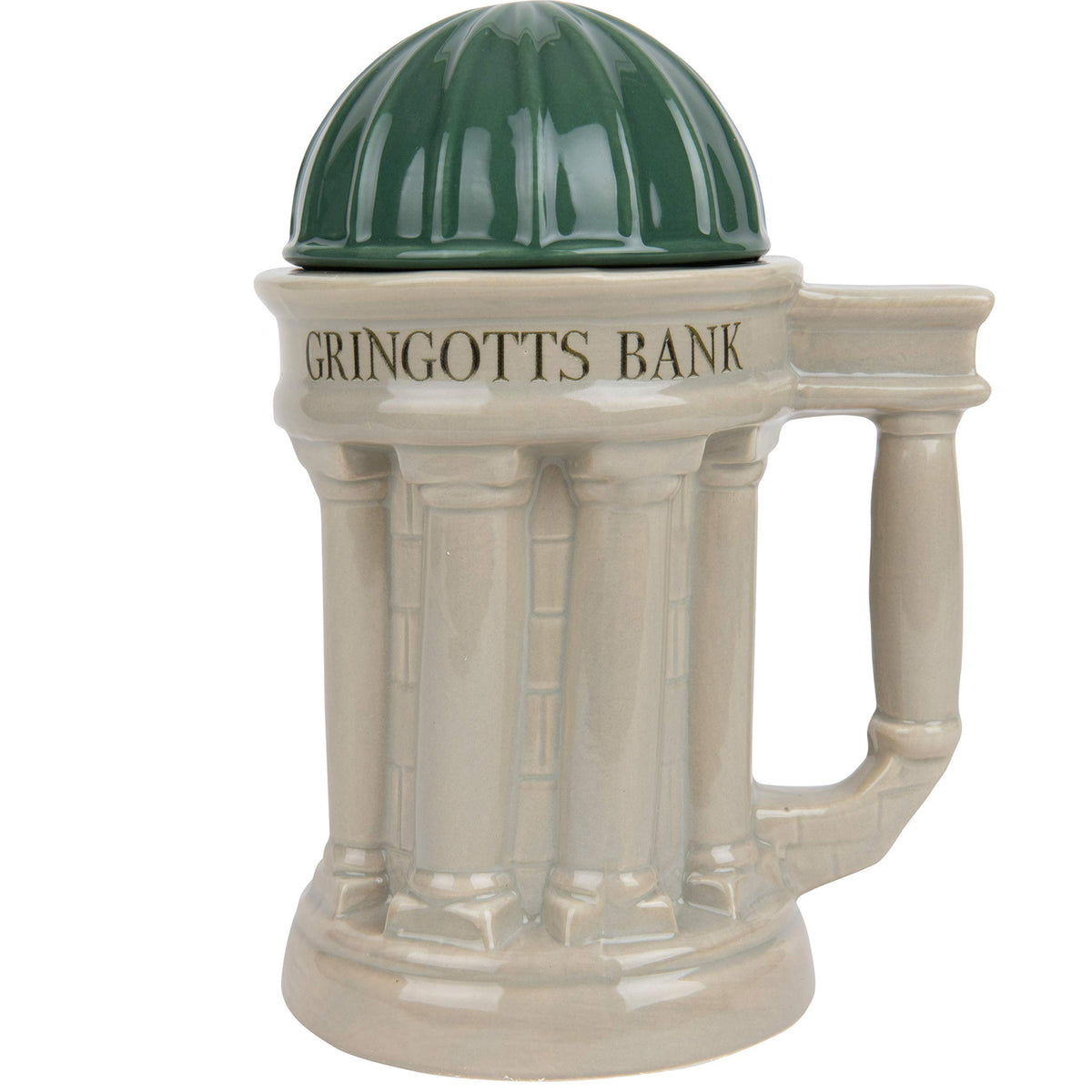 Harry Potter Gringotts Bank Mug 30oz with lid keeps drinks hot and spill free.