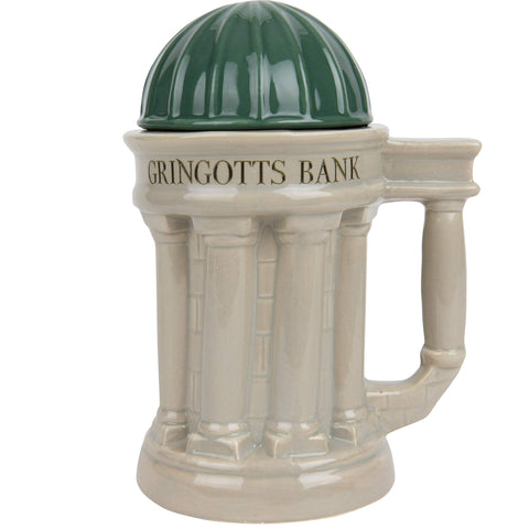 Harry Potter Gringotts Bank Mug 30oz with lid keeps drinks hot and spill free.