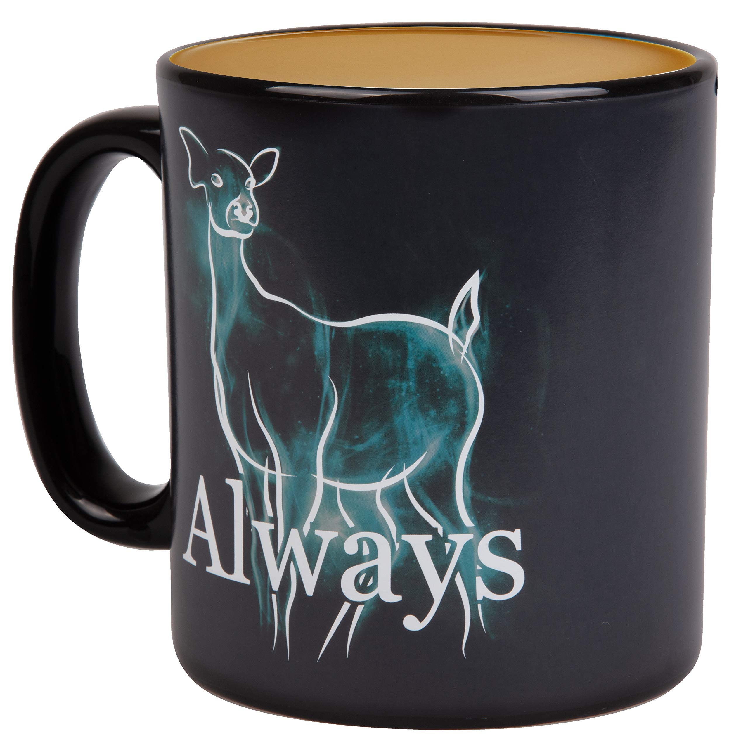 Harry Potter ceramic mug reveals Patronus while enjoying hot chocolate.