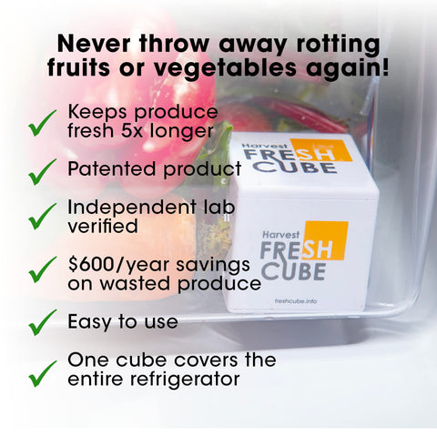 Fridge shelf with assorted produce and Harvest Fresh Cube for longer freshness.