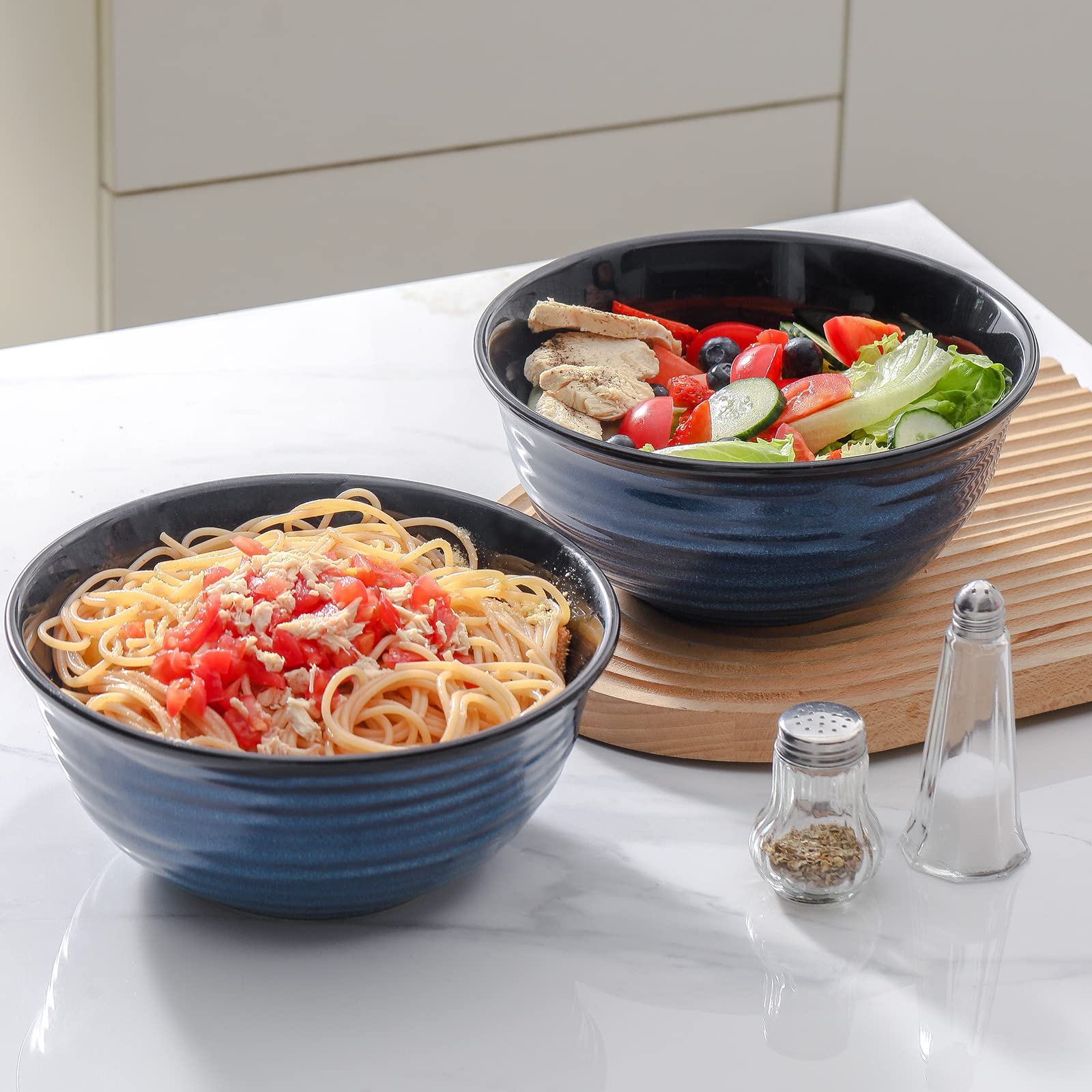 HASENSE blue ceramic bowls stacked neatly, saving cabinet space.