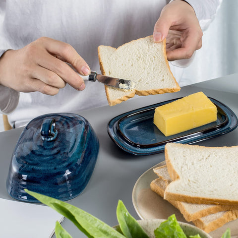 Hasense blue porcelain butter dish complements modern kitchen decor.