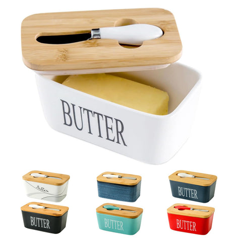 Hasense butter dish with bamboo lid preserving butter freshness on the counter.