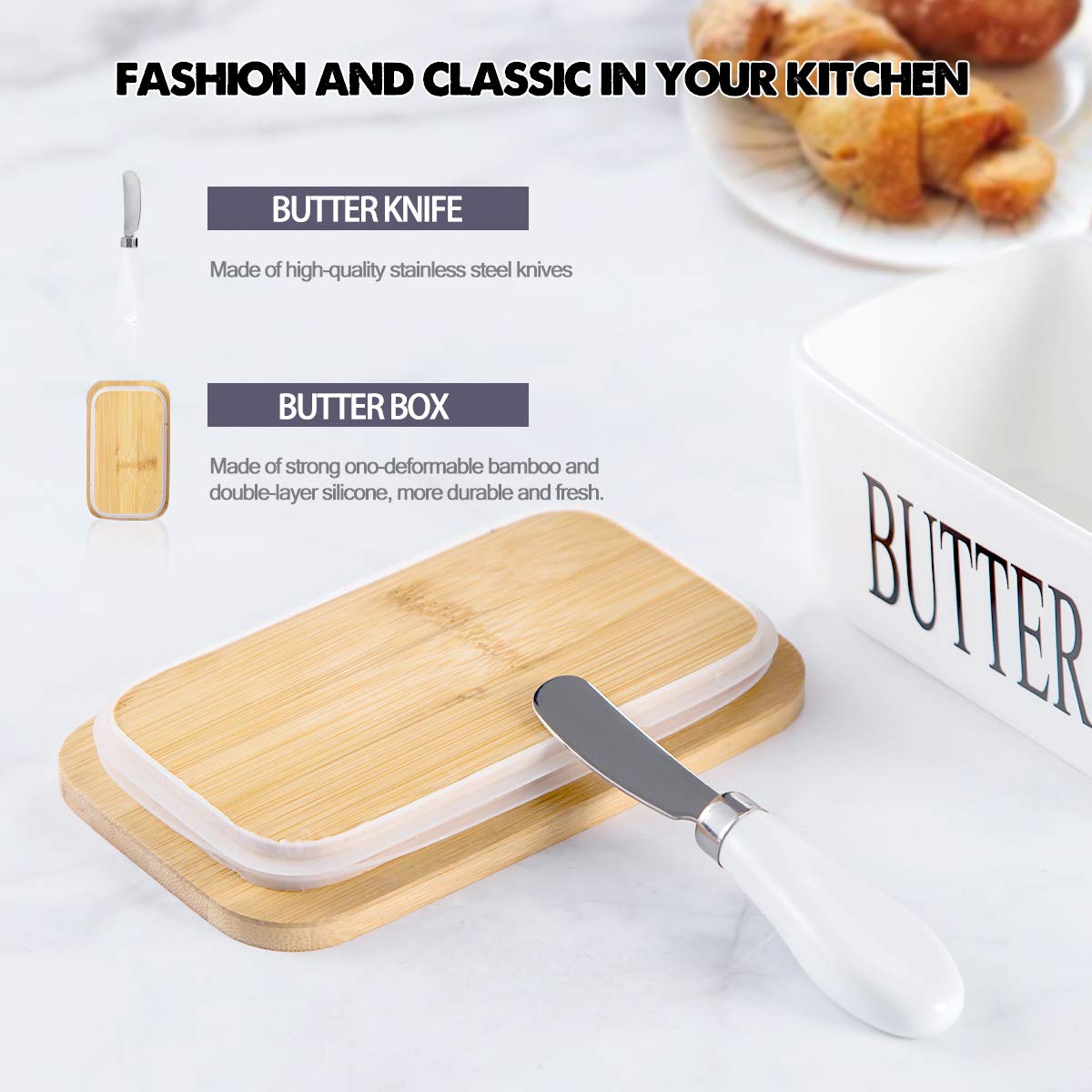 Hasense butter dish on a kitchen counter ready for use.