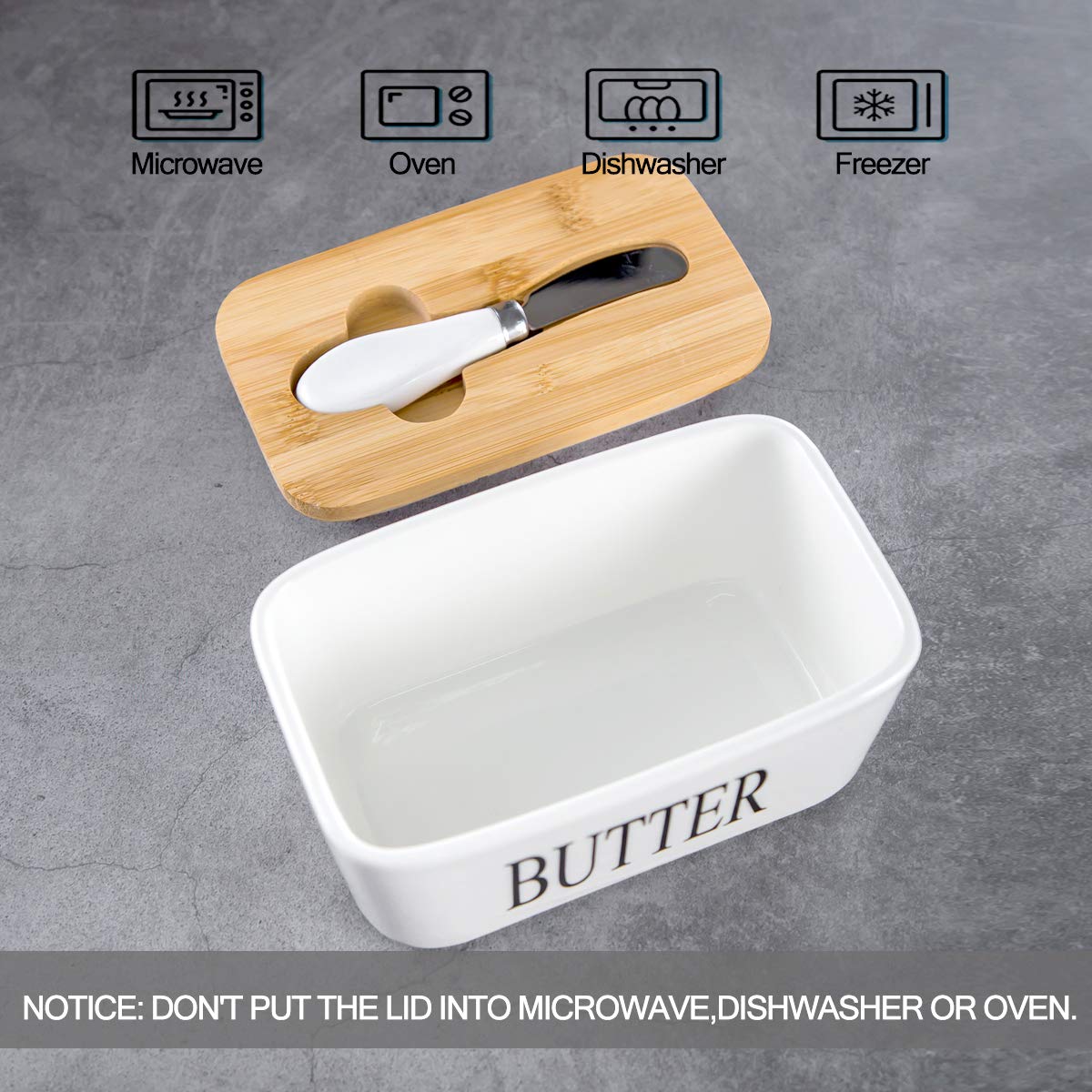 Hasense white porcelain butter dish on a bright kitchen surface.