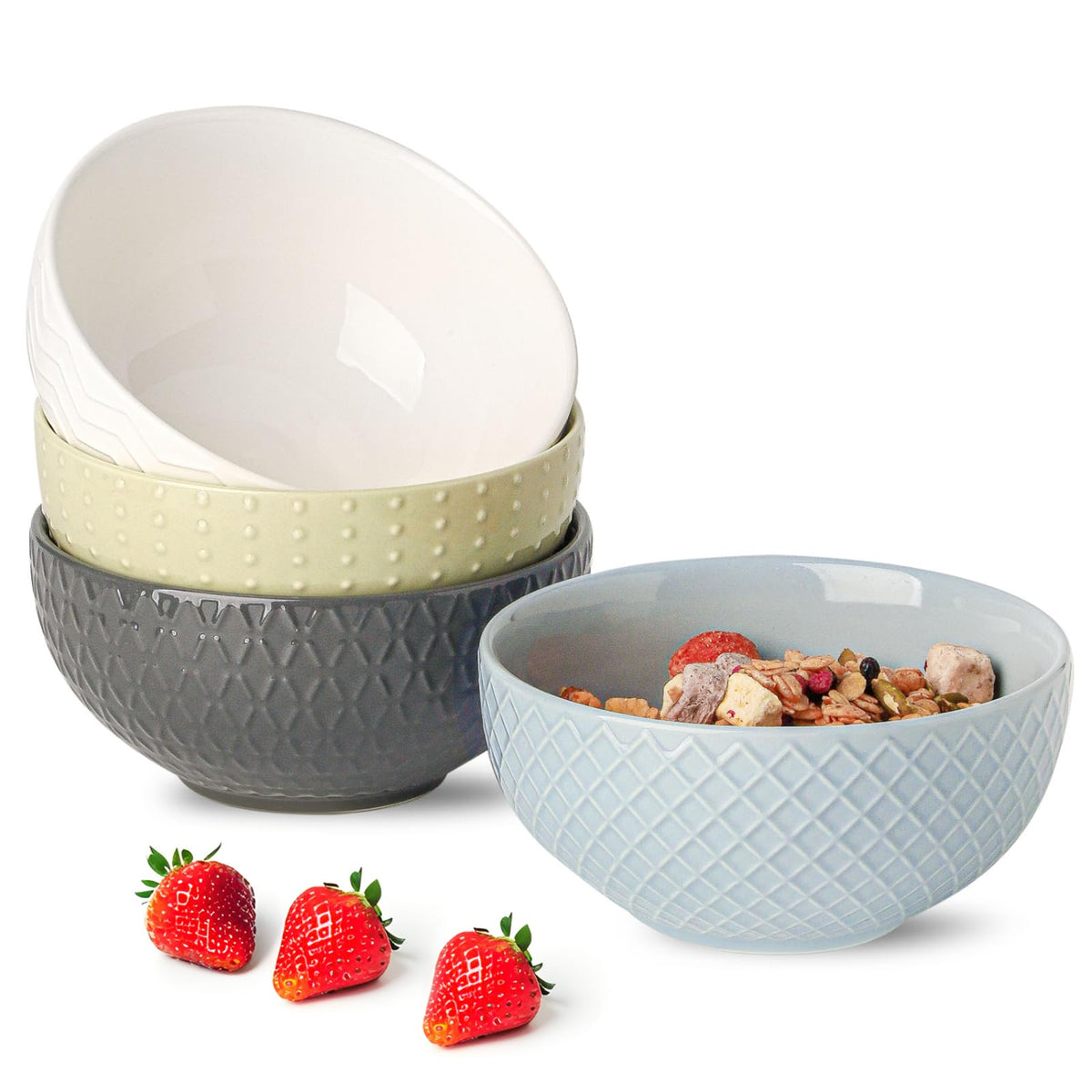 HASENSE embossed-pattern ceramic bowls, four-piece set for cereal, soup, or salads.