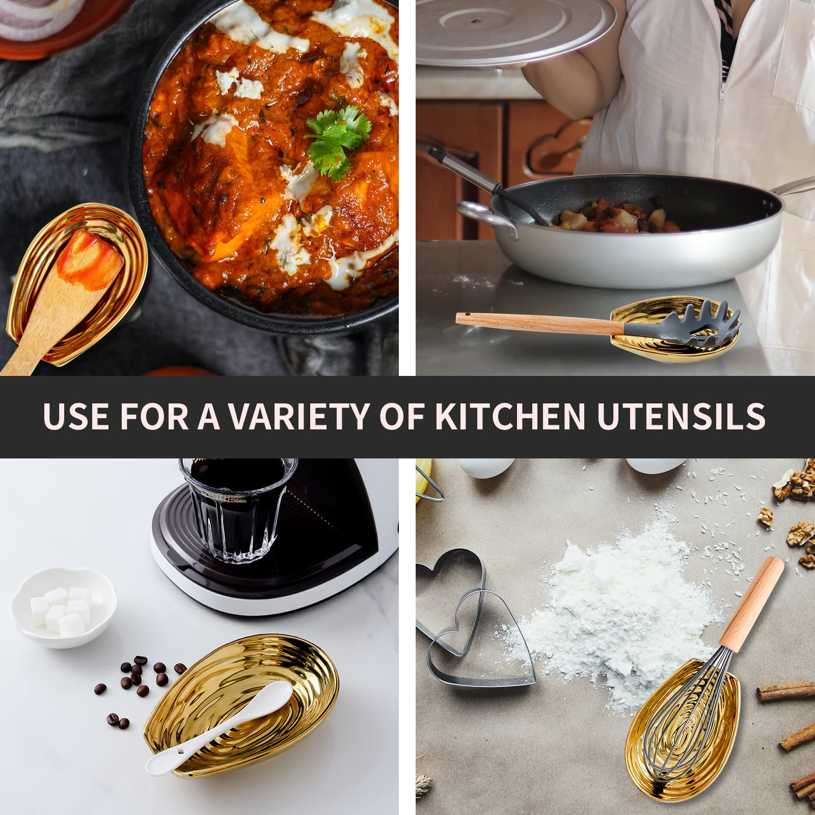 Ceramic gold Hasense spoon rest guards counters during busy morning cooking sessions