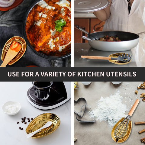 Ceramic gold Hasense spoon rest guards counters during busy morning cooking sessions