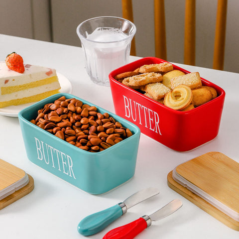 Hasense butter keeper sits on a stylish kitchen counter display.