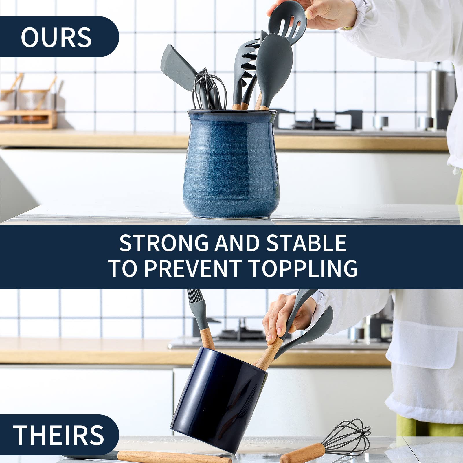 Hasense blue utensil holder on a stable ceramic base