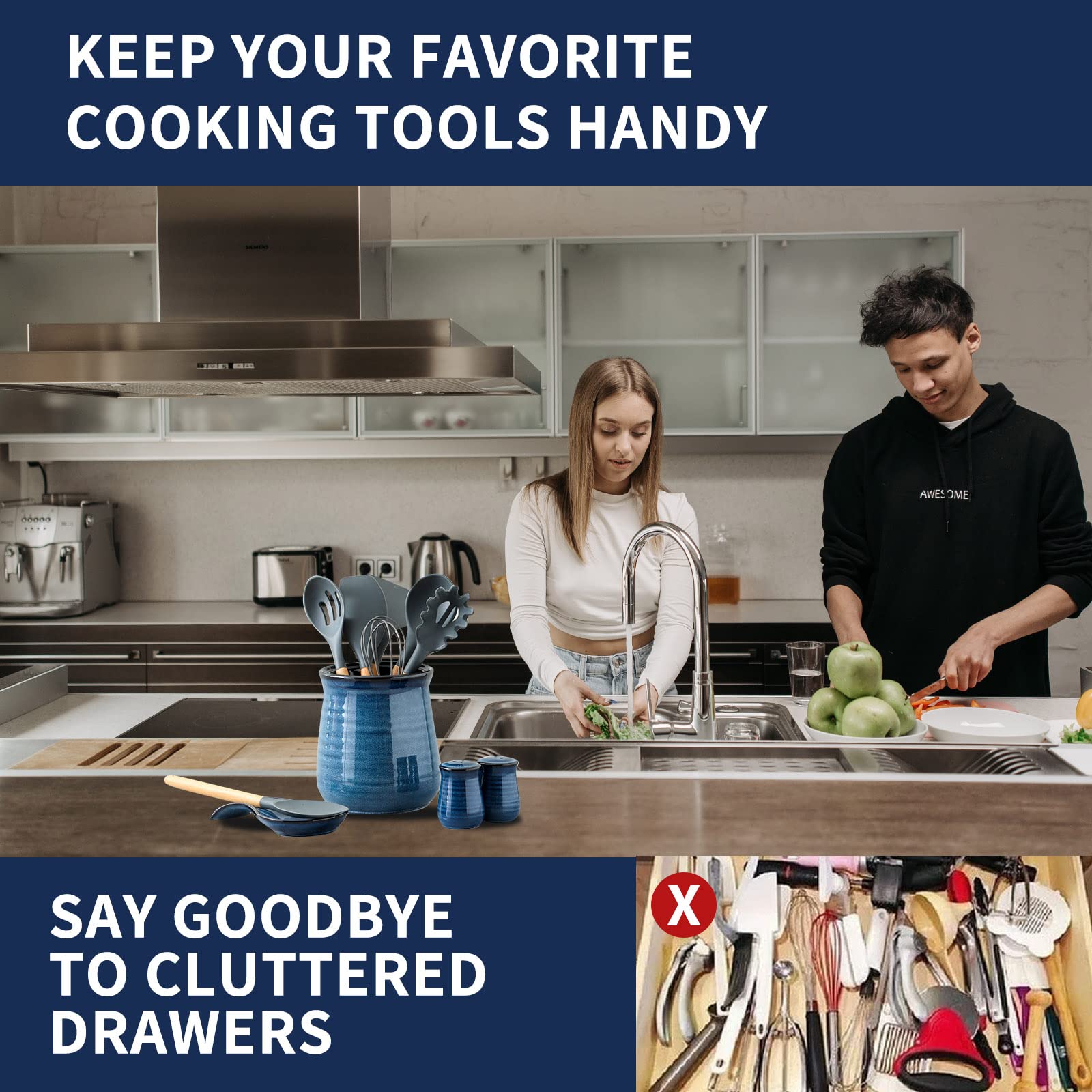 Hasense blue utensil holder top view showing organized utensils