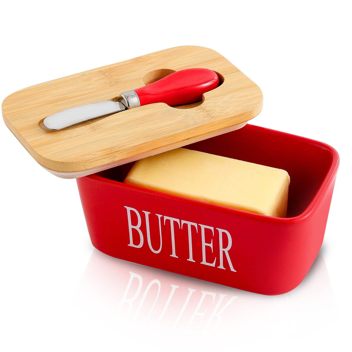 Hasense porcelain butter dish with bamboo lid on a counter, keeps butter fresh and stylish.