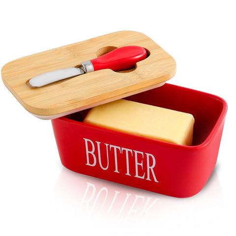 Hasense porcelain butter dish with bamboo lid on a counter, keeps butter fresh and stylish.