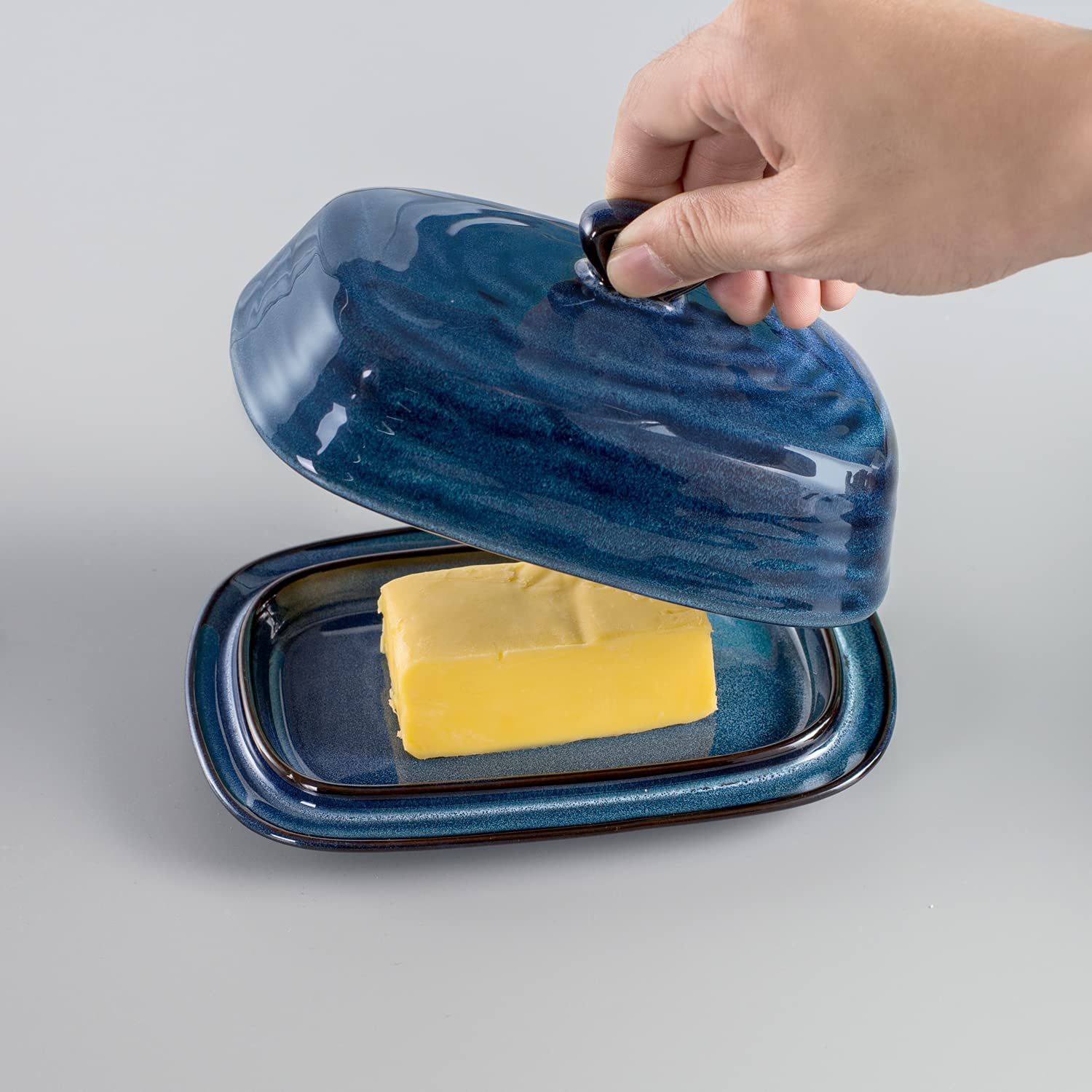 Hasense porcelain butter dish closeup shows glossy glaze for easy cleaning.